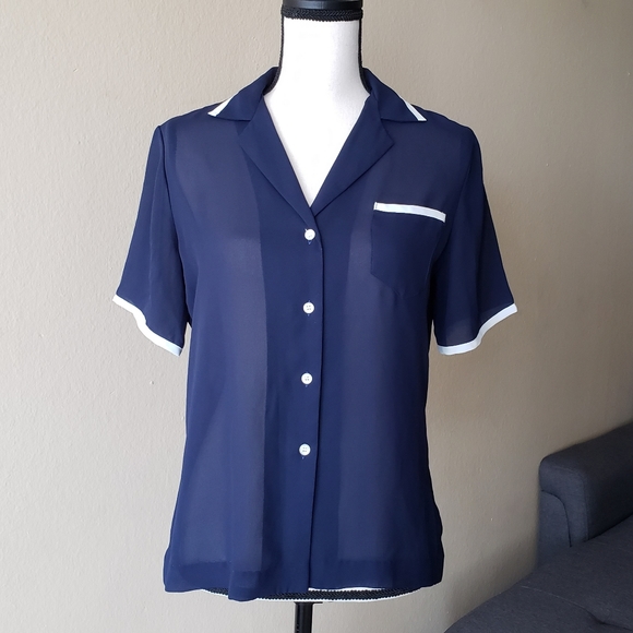 Vintage Sheer Navy Diner Style Collar Top - Picture 1 of 7